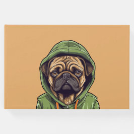 Mops Hund trägt grüne Hoodie Gästebuch