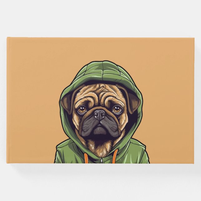 Mops Hund trägt grüne Hoodie Gästebuch (Vorderseite)