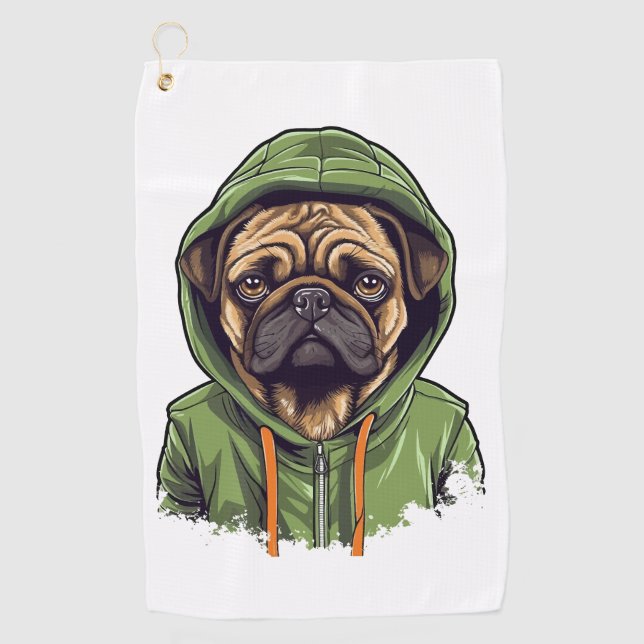 Mops Hund trägt grüne Hoodie Golfhandtuch (Vorderseite)