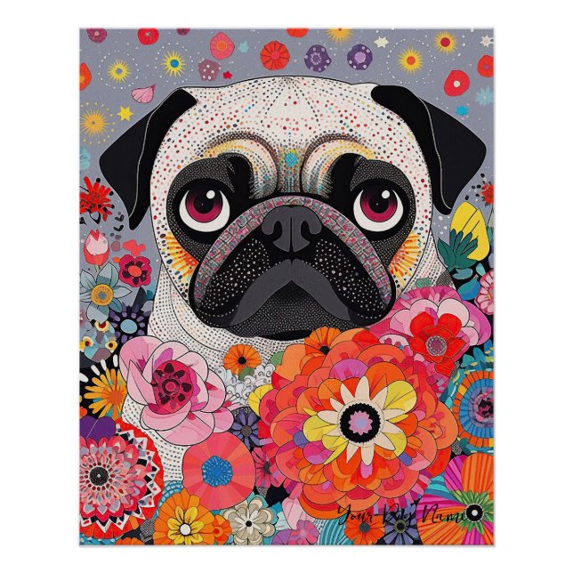 Mops Hund und Blume 001 - Schneidereichen Poster (Vorderseite)