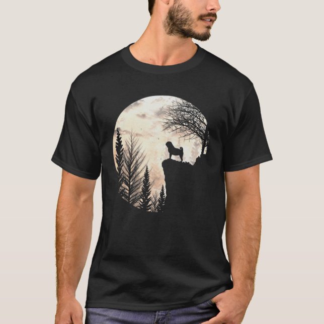 Mops Hund und Mond Silhouette Funny Halloween Cost T-Shirt (Vorderseite)