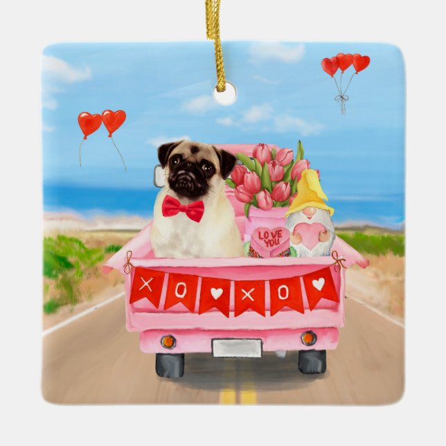 Mops Hund Valentinstag Lkw Herz Keramikornament (Vorderseite)