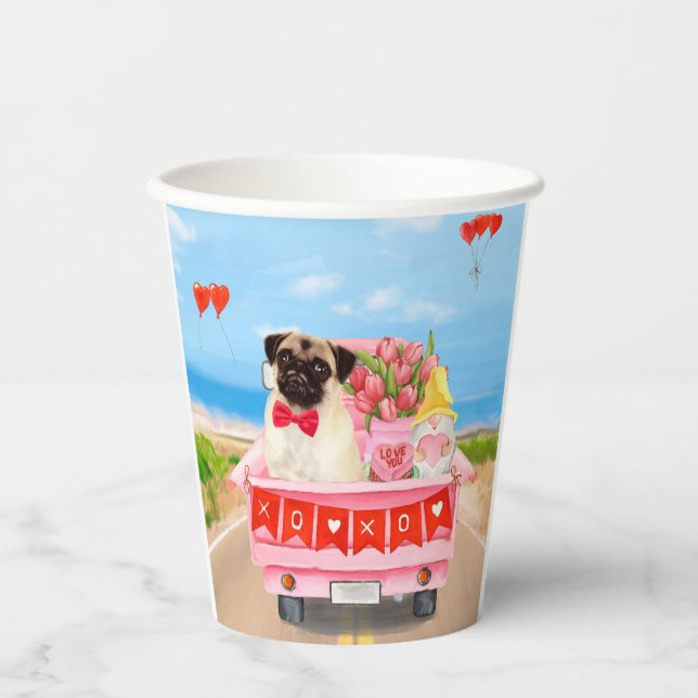 Mops Hund Valentinstag Lkw Herz Pappbecher (Vorderseite)