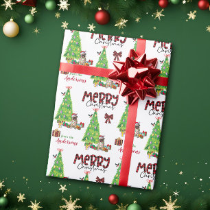 Mops Hund, Vogel und Weihnachtsbaum Geschenkpapier