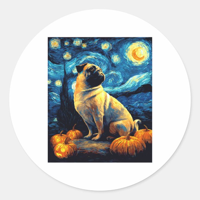 Mops Hund von van gogh sternenfest Nacht halloween Runder Aufkleber (Vorderseite)