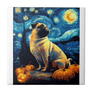 Mops Hund von van gogh Sternennacht Halloween Lust Fliese