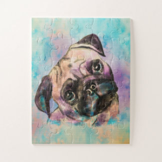Mops-Hund Wasserfarben-Portrait Puzzle