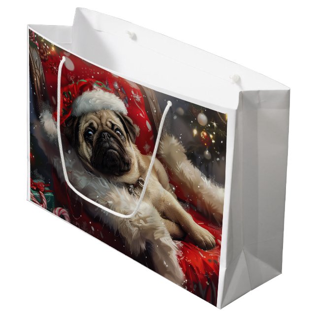 Mops Hund Weihnachten Große Geschenktüte (Vorderseite Schrägansicht)