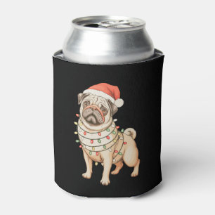 Mops-Hund-Weihnachten-Santa-Hut-Xmas-Lichter-Feier Dosenkühler