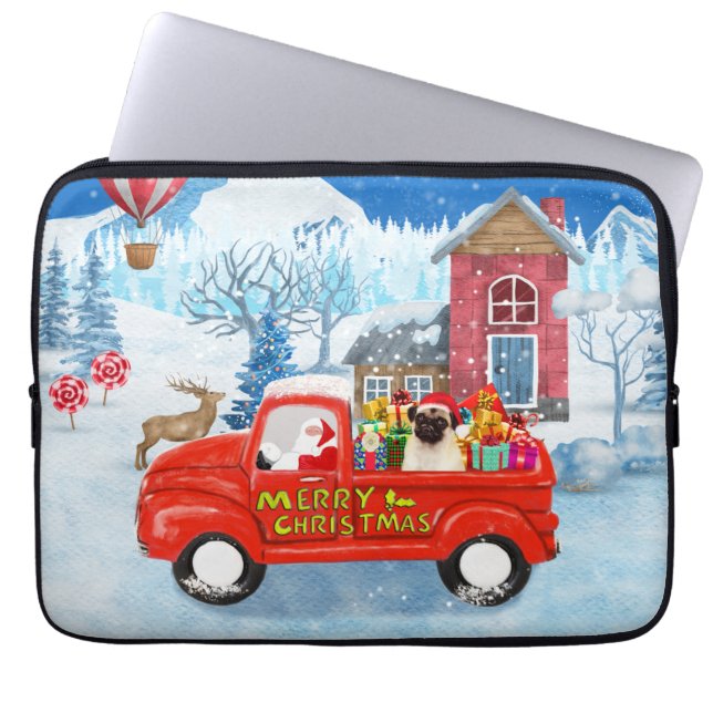 Mops Hund Weihnachtslieferung LKW Schnee Laptopschutzhülle (Vorderseite)