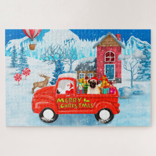 Mops Hund Weihnachtslieferung LKW Schnee Puzzle