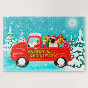 Mops Hund Weihnachtsmann Lieferwagen Puzzle