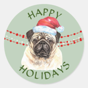 Mops Hund Weihnachtsmannmütze Happy Holidays Runder Aufkleber