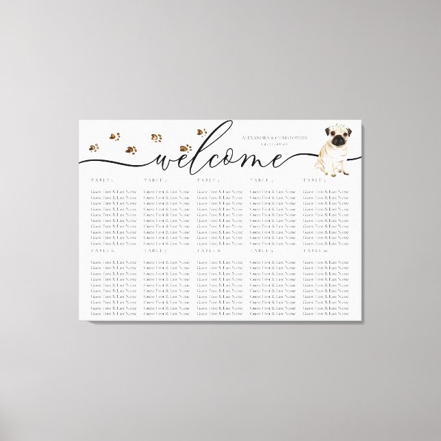 Mops Hund Welpe Willkommenssitzende Tischnummern Leinwanddruck (Vorderseite)