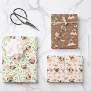 Mops-Hund Welpen Geschenkpapier Set aus 3