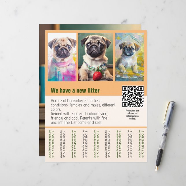 Mops-Hündchen zum Verkauf Flyer Vorlage QR-Code (Vorderseite/Rückseite Beispiel)