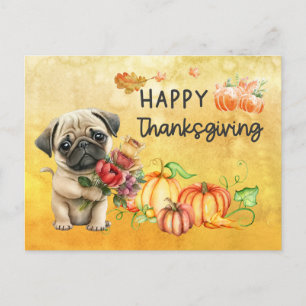 MOPS Hunde glücklich Thanksgiving Tag Wasserfarbe Feiertagspostkarte