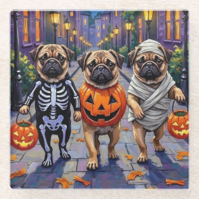 Mops Hunde Trick-oder-Treating in Halloween-Kostüm Glasuntersetzer (Vorderseite)