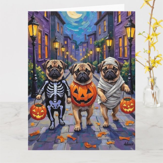 Mops Hunde Trick-oder-Treating in Halloween-Kostüm Karte (Gelbe Blume)