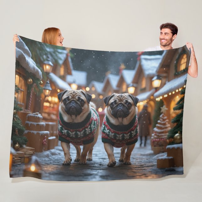 Mops-Hunde Weihnachten Schnee Urlaub Fleecedecke (Beispiel)