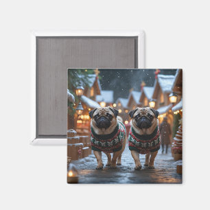Mops-Hunde Weihnachten Schnee Urlaub Magnet