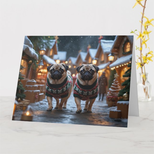 Mops Hunde Weihnachtsschneeferien Karte (Gelbe Blume)