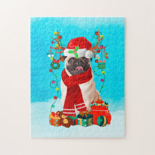 Mops im Schnee mit Weihnachtsgeschenken Puzzle