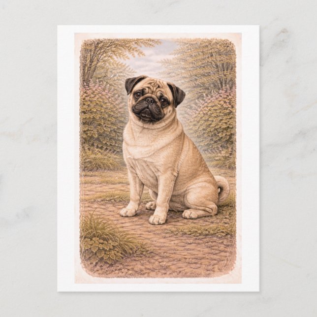 Mops im Vintage-Stil Postkarte (Vorderseite)