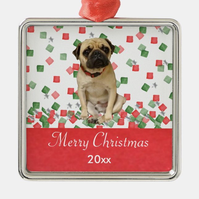 Mops-in der Hand gemalter WeihnachtsConfetti Silbernes Ornament (Vorne)