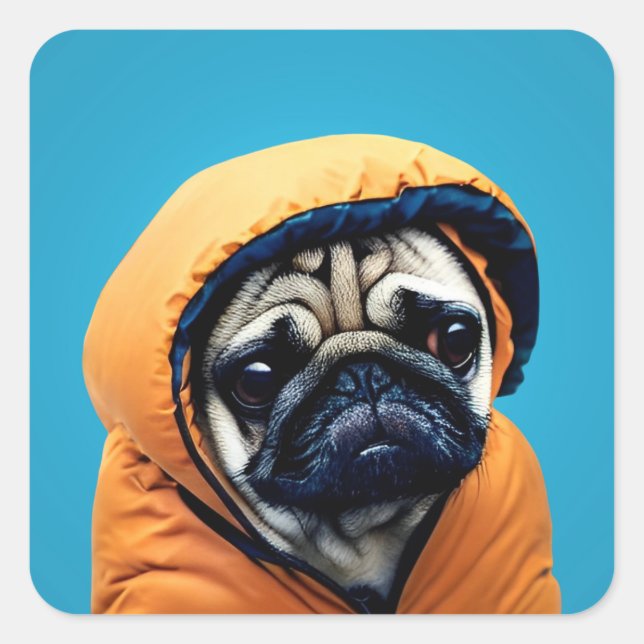 Mops in der Puffer-Jacke Quadratischer Aufkleber (Vorderseite)