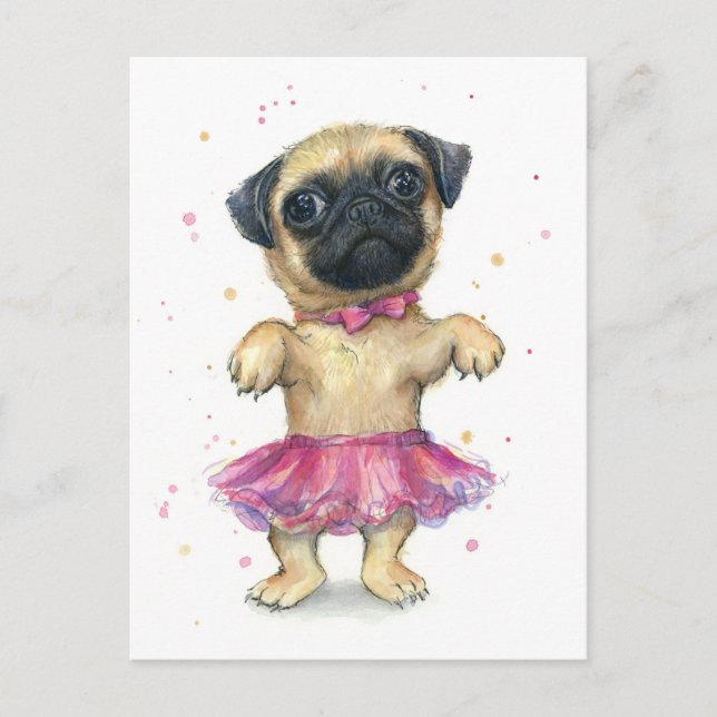 Mops in einer Tutu-Niedlichen Welpenmalerei Postkarte (Vorderseite)