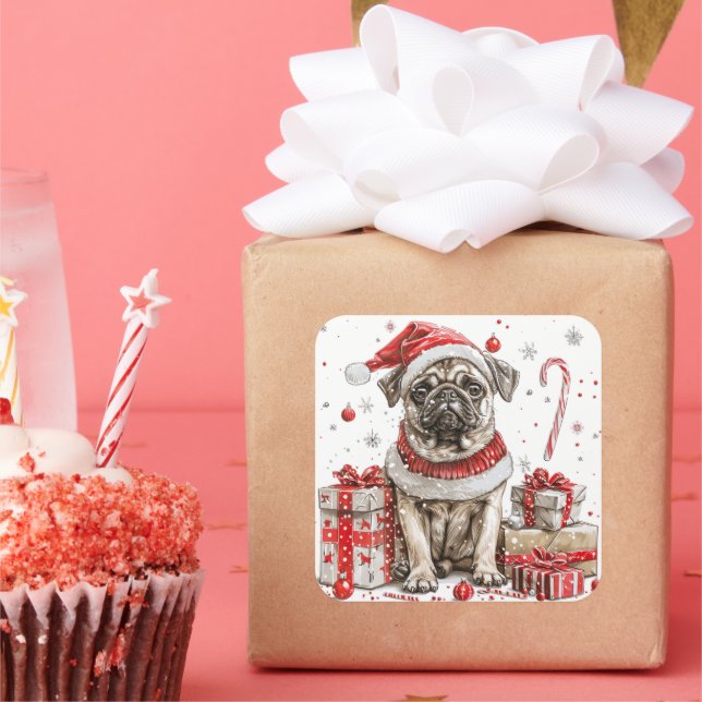Mops in Elf Kostüm mit Candy Cane Quadratischer Aufkleber (Party)