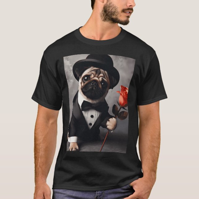 Mops in Smoking mit roter Rose T-Shirt (Vorderseite)