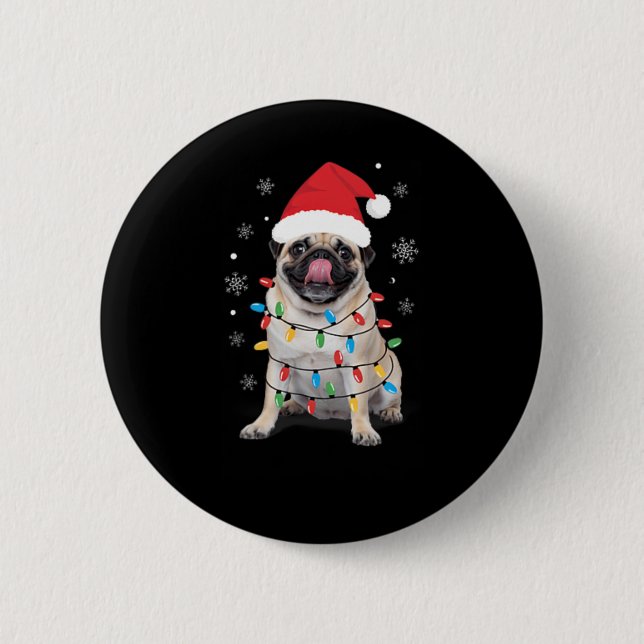 Mops in Weihnachtslicht Weihnachtsmannmütze Sonnen Button (Vorderseite)