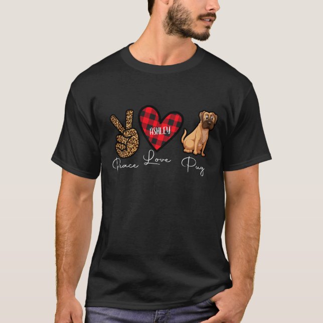 Mops Karierter Frieden Liebe Niedlicher Hund T-Shirt (Vorderseite)