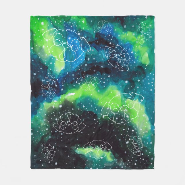 Mops-Konstellations-Stern-Himmel-Grüntöne-Blues Fleecedecke (Vorderseite)