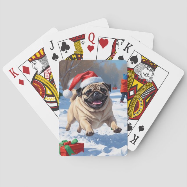 Mops läuft im Schnee mit Weihnachtshut Spielkarten (Rückseite)
