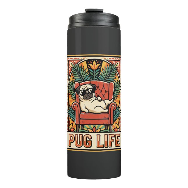 Mops Leben Retro-Folk-Art-Hund Thermosbecher (Vorderseite)