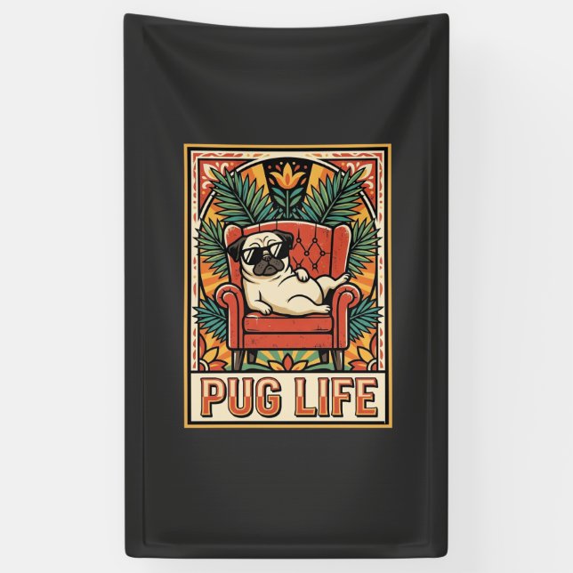 Mops Leben Retro-Folklore-Kunst Hund Banner (Vertikal)