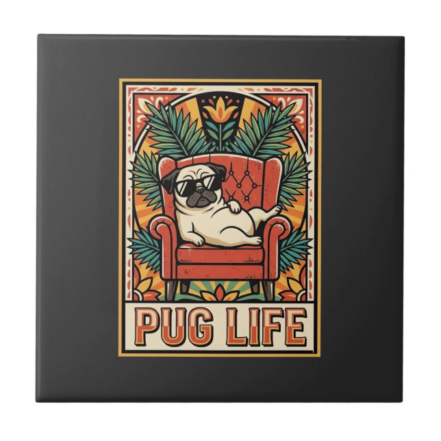 Mops Leben Retro-Folklore-Kunst Hund Fliese (Vorderseite)