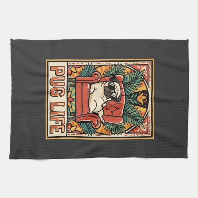 Mops Leben Retro-Folklore-Kunst Hund Geschirrtuch (Horizontal)