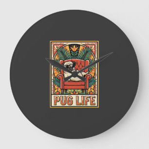 Mops Leben Retro-Folklore-Kunst Hund Große Wanduhr