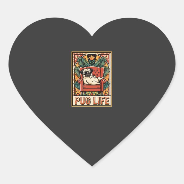 Mops Leben Retro-Folklore-Kunst Hund Herz-Aufkleber (Vorderseite)