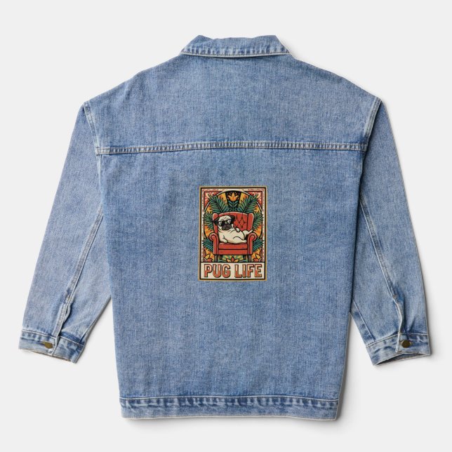 Mops Leben Retro-Folklore-Kunst Hund Jeansjacke (Rückseite)