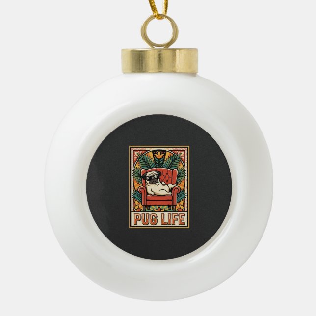 Mops Leben Retro-Folklore-Kunst Hund Keramik Kugel-Ornament (Vorderseite)