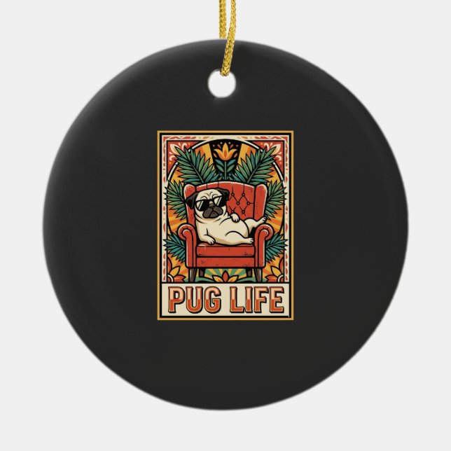 Mops Leben Retro-Folklore-Kunst Hund Keramik Ornament (Vorne)