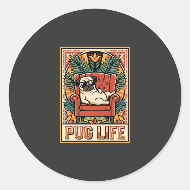 Mops Leben Retro-Folklore-Kunst Hund Runder Aufkleber (Vorderseite)