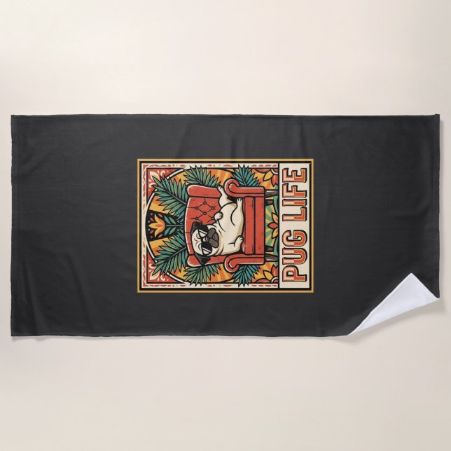 Mops Leben Retro-Folklore-Kunst Hund Strandtuch (Vorderseite)