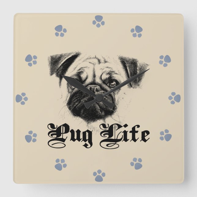 Mops Life Quadratische Wanduhr (Vorderseite)