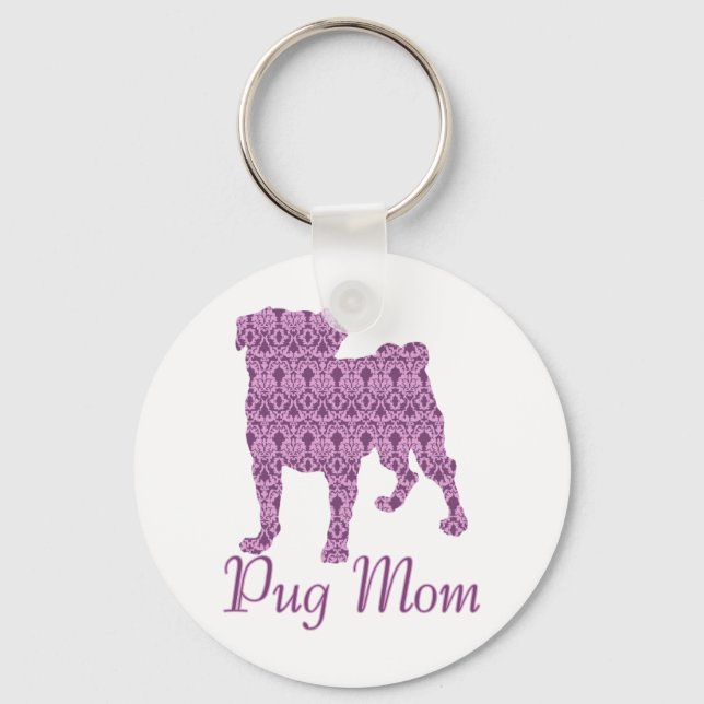 Mops Lover Pink Vintag Damask Schlüsselanhänger (Vorderseite)